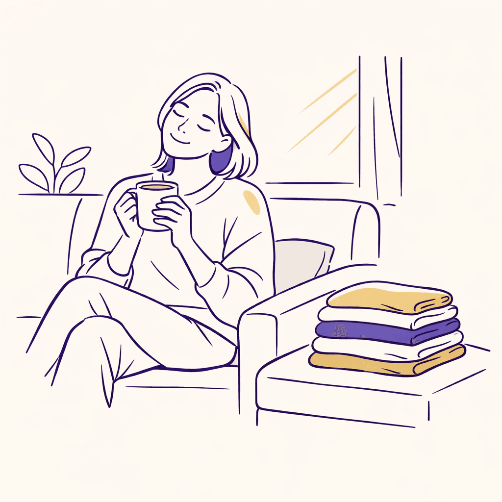 Woman relaxing with coffee while laundry is done